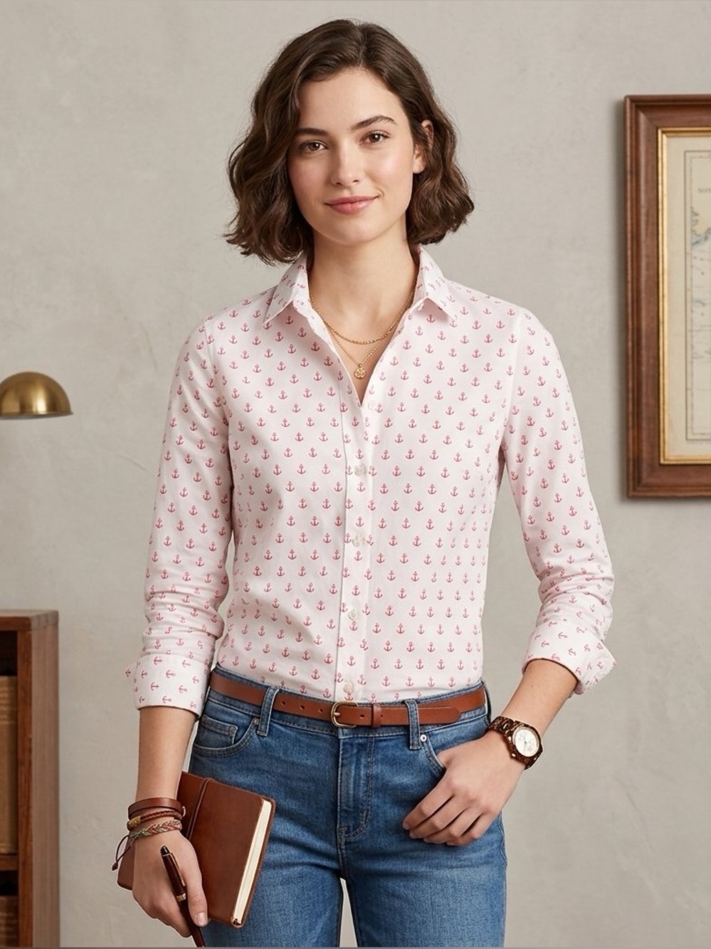 J. Crew White Button-Down Shirt with Small Red Anchor Print